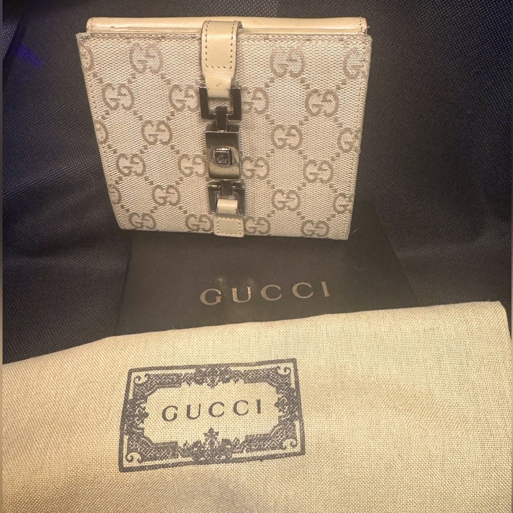 Gucci Monogram Wallet FULL SET Silver Chain Clasp Vintage GG Sabbia Sand color - Picture 14 of 14